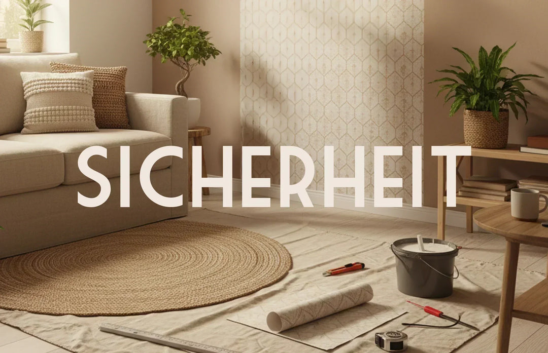 Wohnzimmer einer Mietwohnung mit tapezierter Akzentwand und Tapezierwerkzeugen auf dem Boden