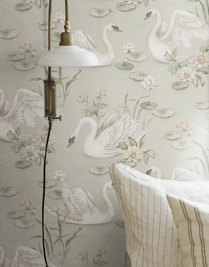 Kindertapete mit Schwänen im Teich im Shabby Chic Stil