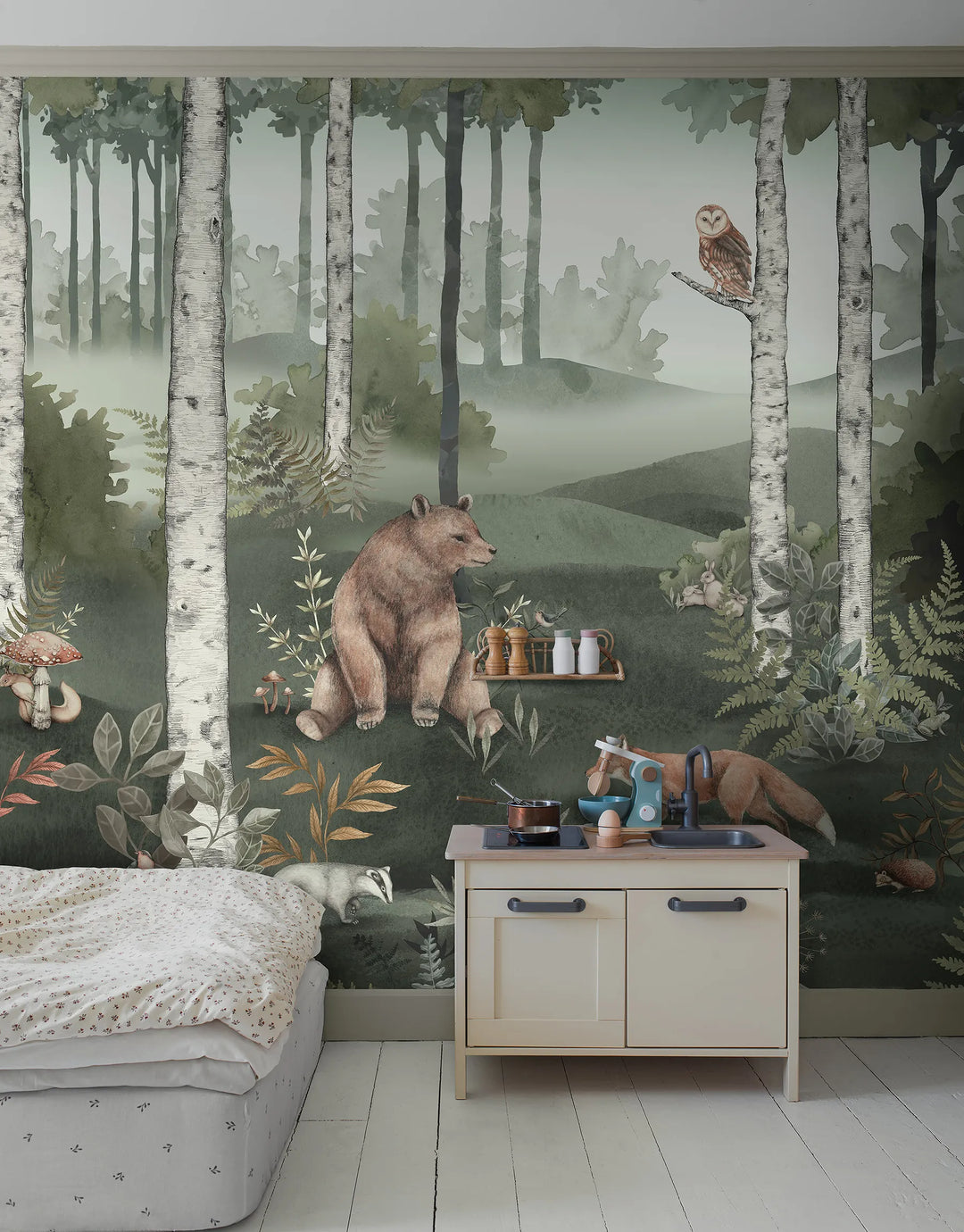 Waldtiere Wandbild für das Kinderzimmer mit Bären, Füchsen und Eulen