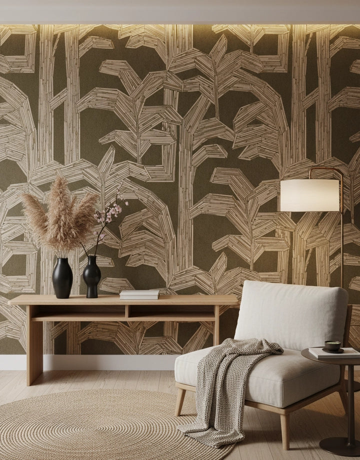 Palmentapete mit großformatigem Motiv und fühlbarer Rattanoptik