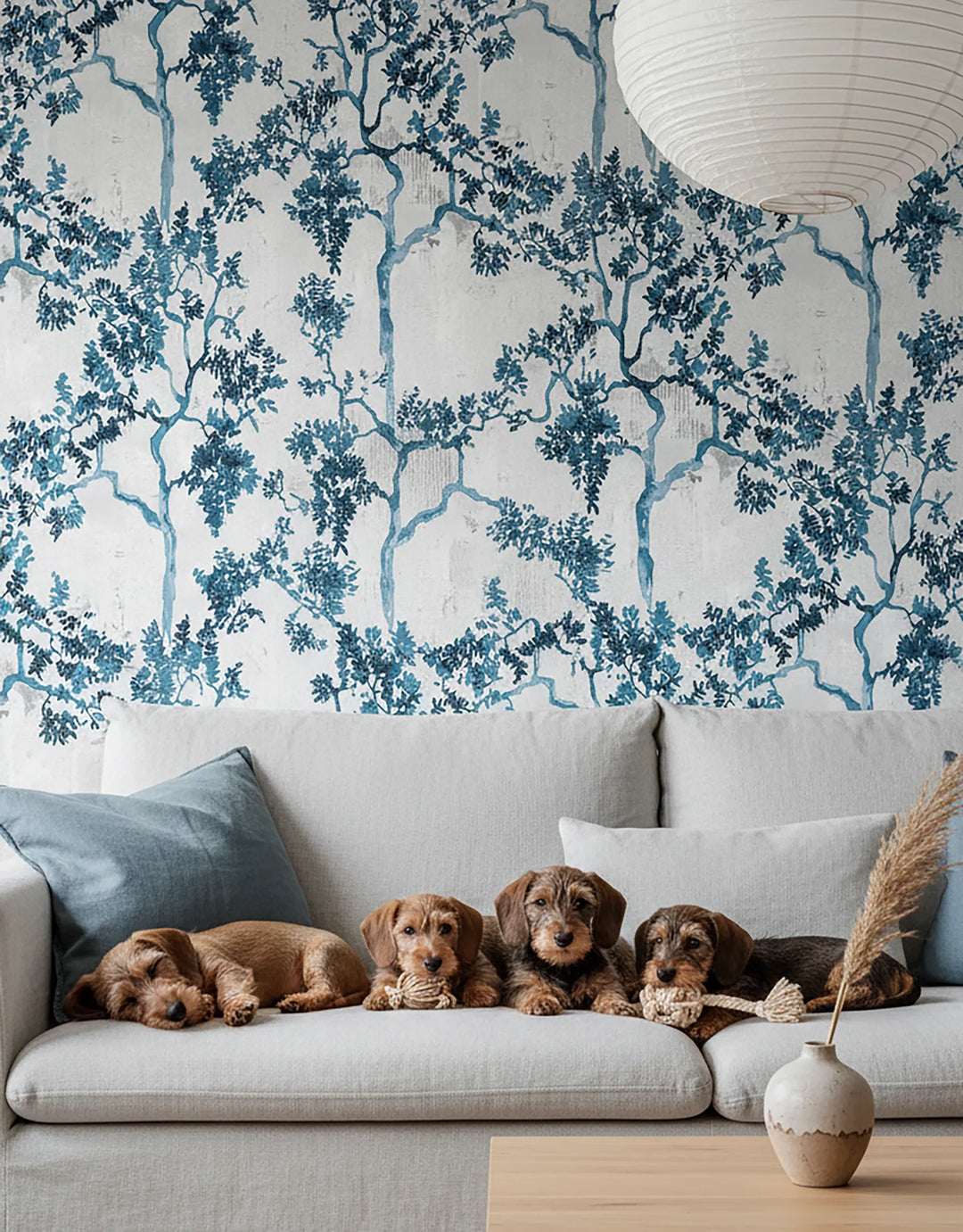 Japandi-Tapete mit blauen Bäumen und Dackelwelpen auf dem Sofa im Wohnzimmer
