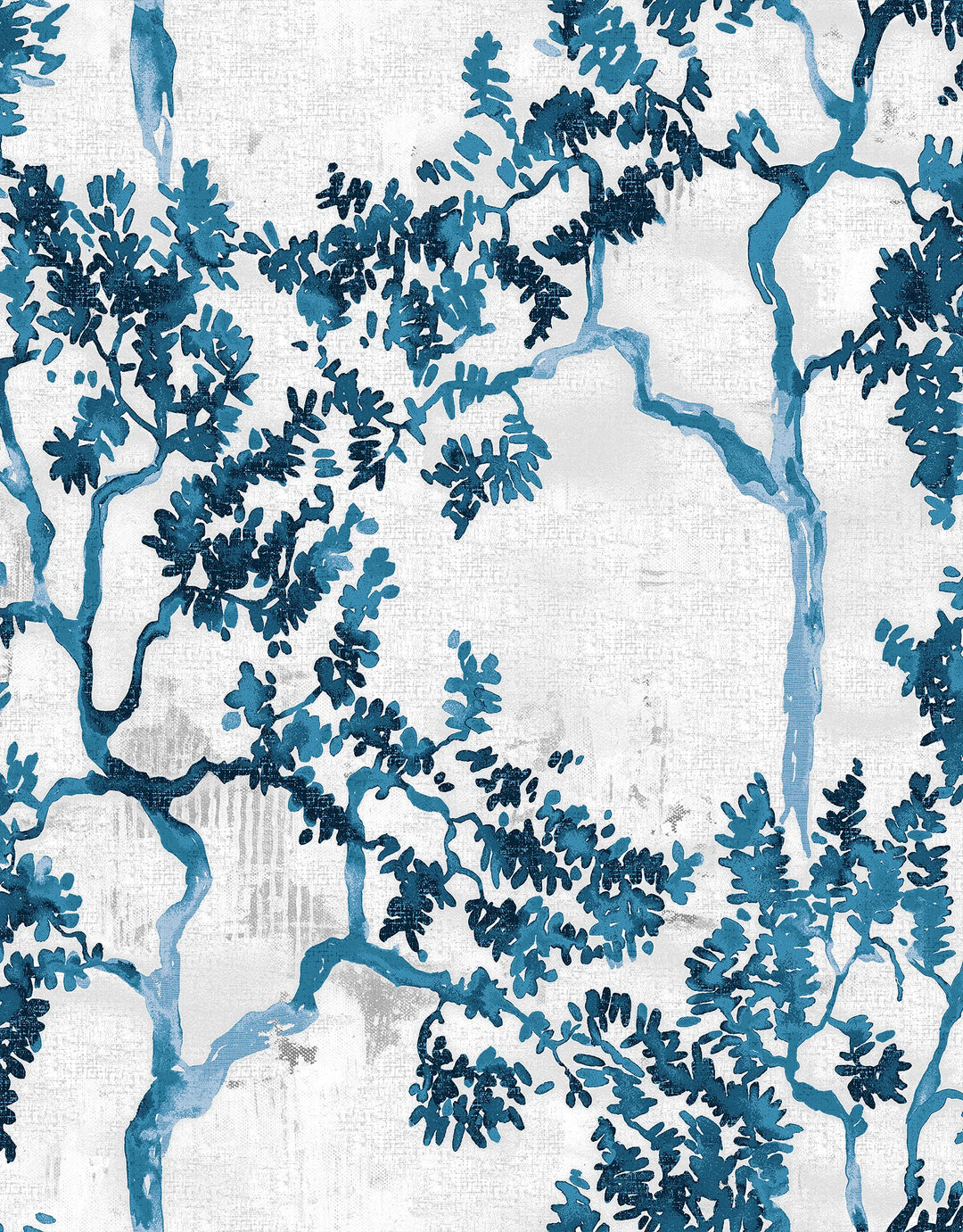Japandi-Tapete mit aquarellierten Weidenbäumen in Blautönen auf hellem Hintergrund