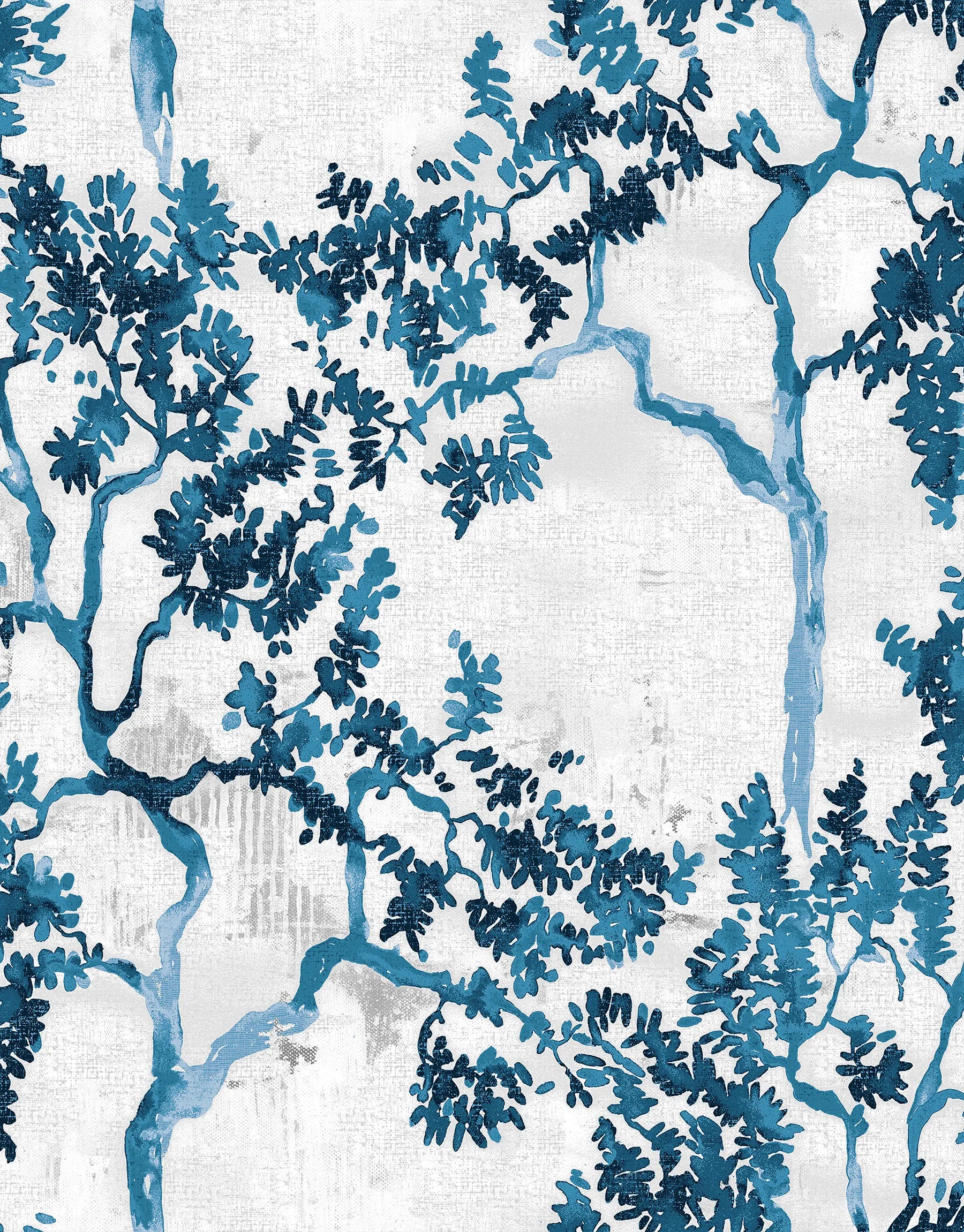 Japandi-Tapete mit aquarellierten Weidenbäumen in Blautönen auf hellem Hintergrund
