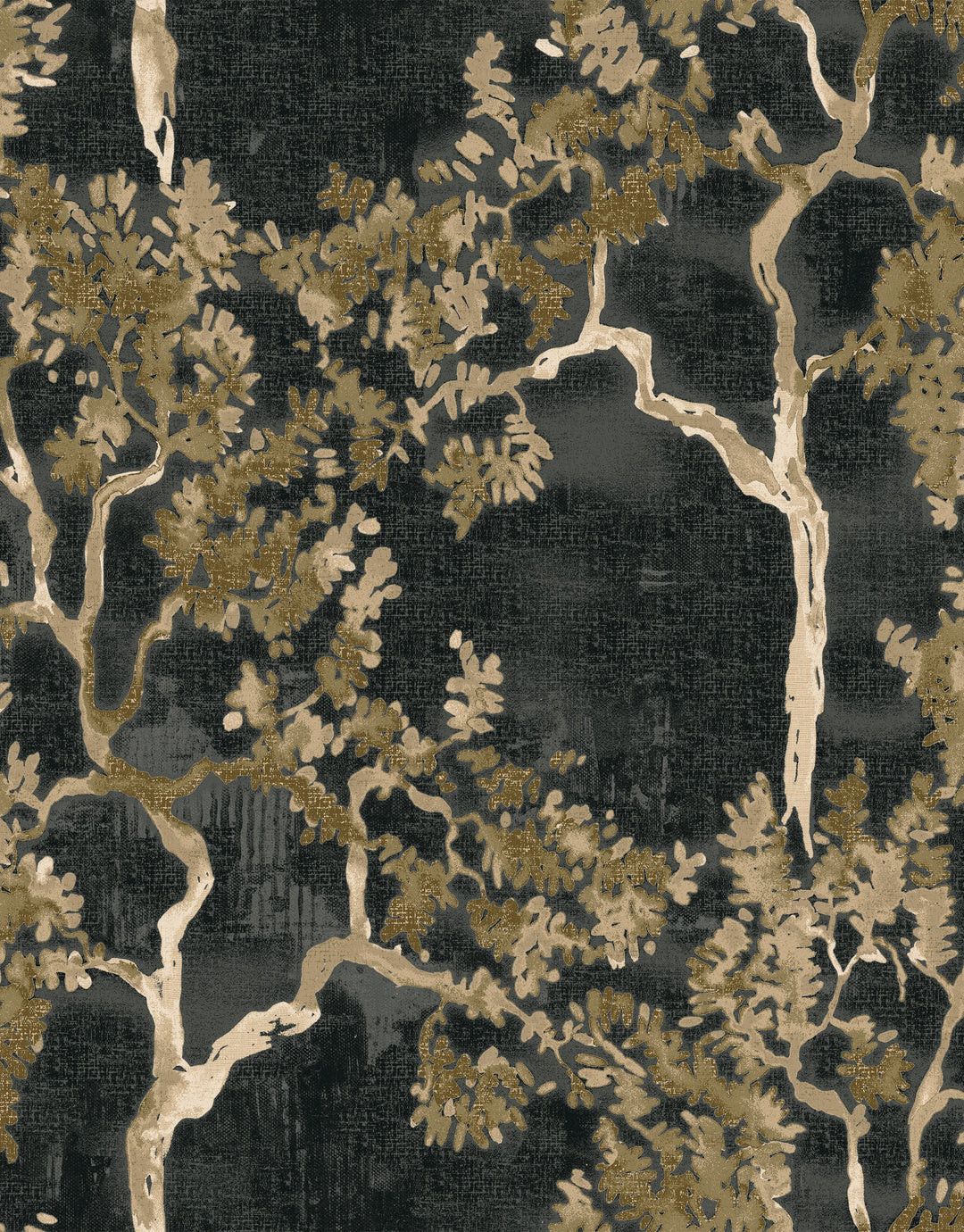 Schwarze Japandi Tapete asiatisch inspiriert mit aquarelligen Weidenbäumen