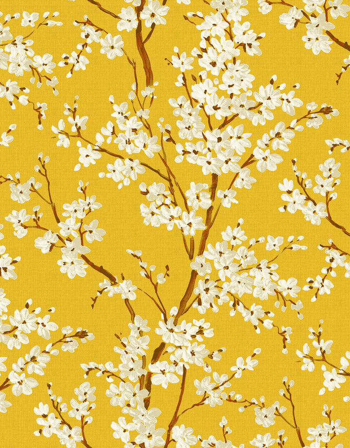 Gelbe Japandi Vliestapete mit Sakura
