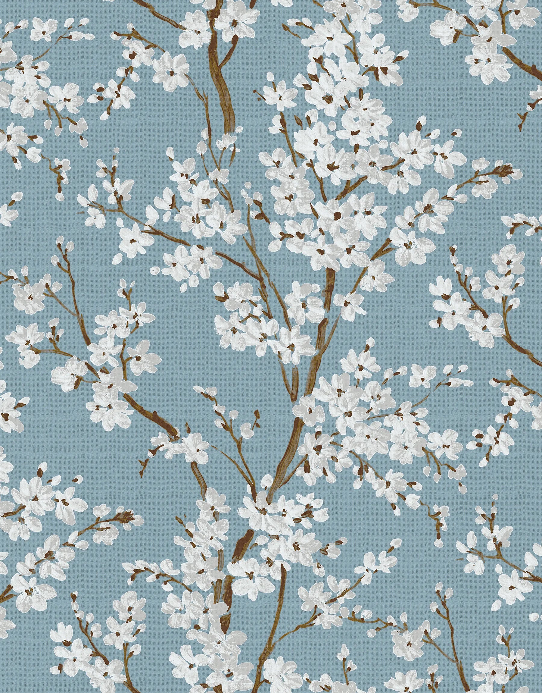 Blaue Japandi Vliestapete mit weißem Sakura