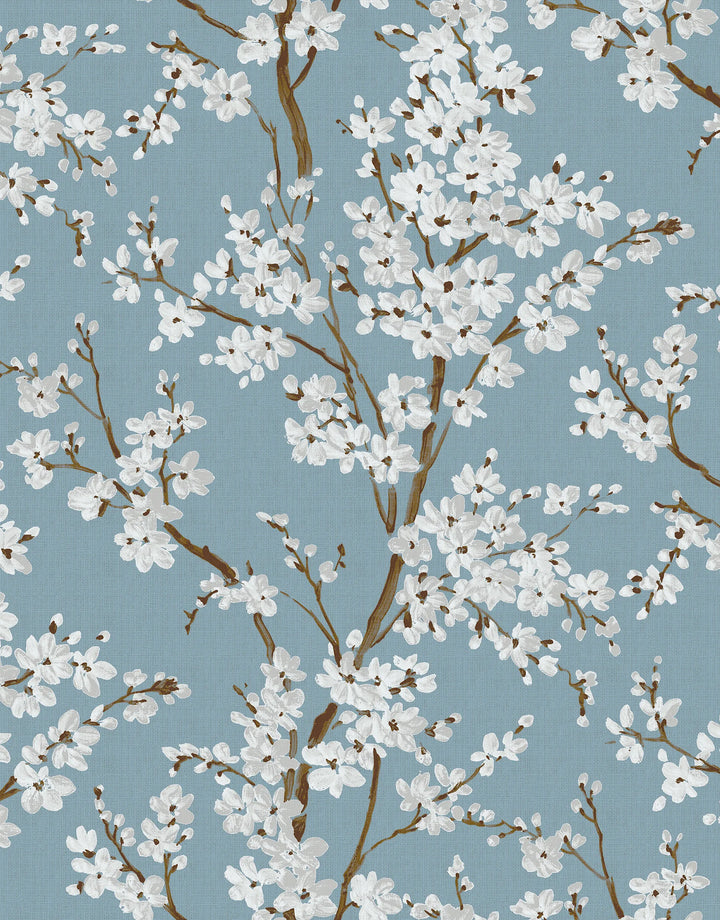Blaue Japandi Vliestapete mit weißem Sakura