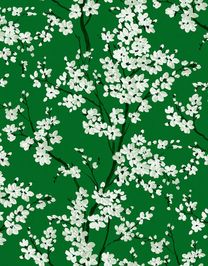 Grüne Japandi Vliestapete mit Sakura 