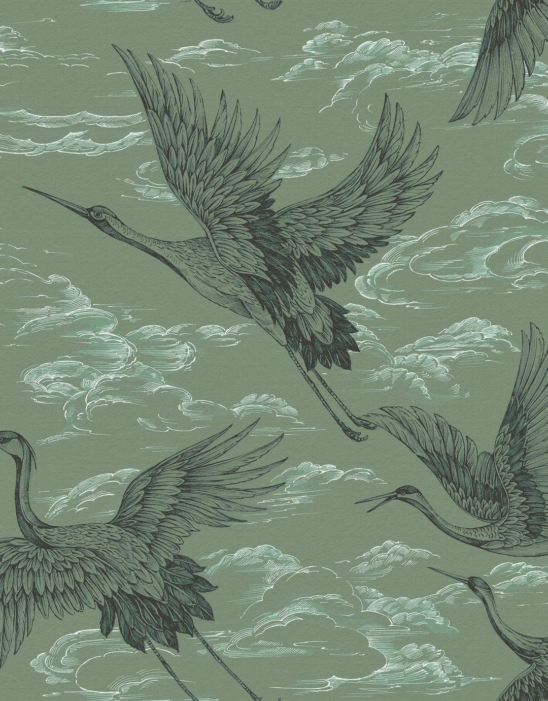 Grüne Vliestapete im Japandi Stil mit Vogelillustration