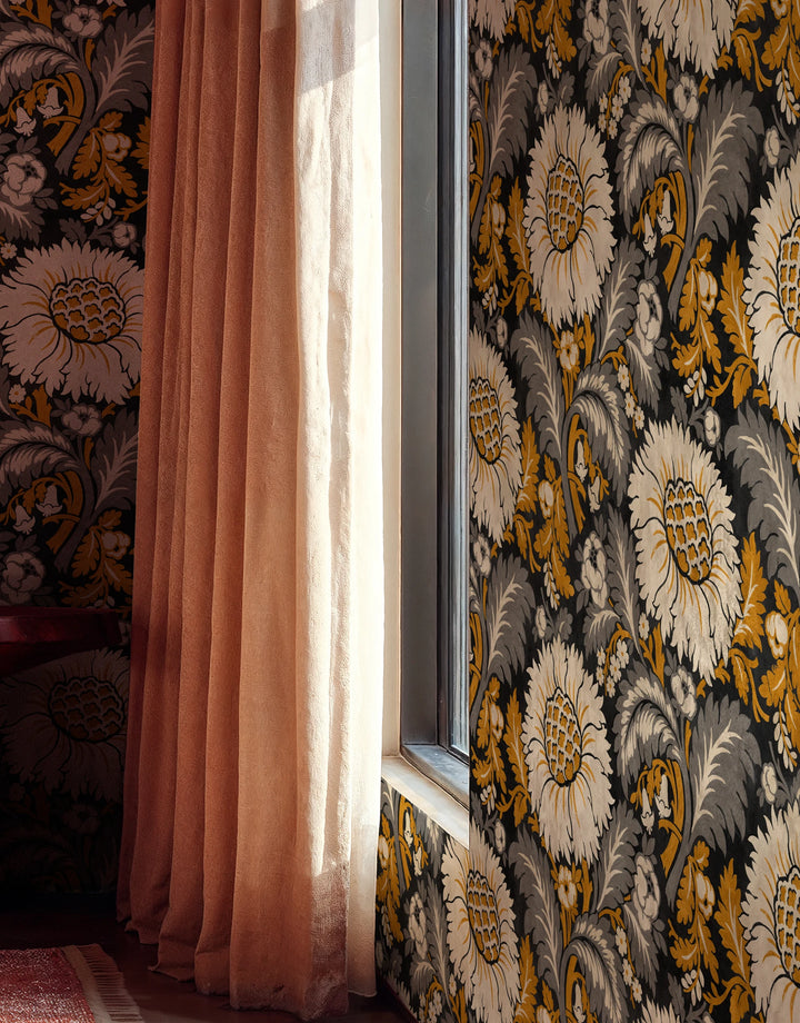 Florale Anthrazit Tapete im Damask Stil 
