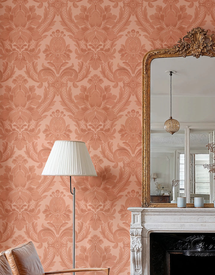 Apricot Barock Tapete mit Ornamenten in einfarbigem Peachton