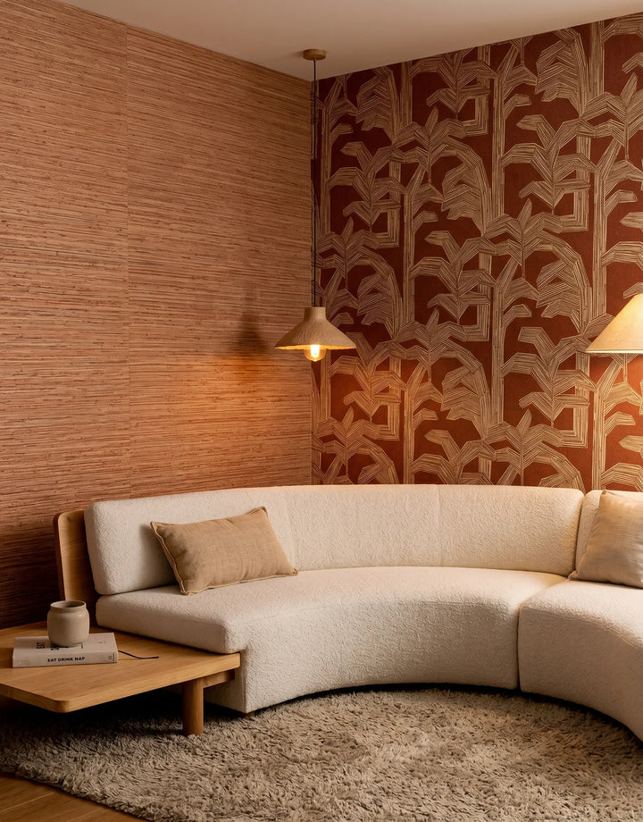 Arte Tapeten in Terrakotta mit Strukturen und großen Mustern für moderne Wohnzimmer